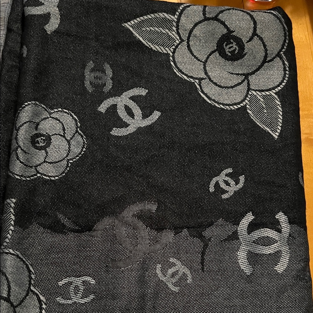 Chanel Black and Gray Camellia Scarf